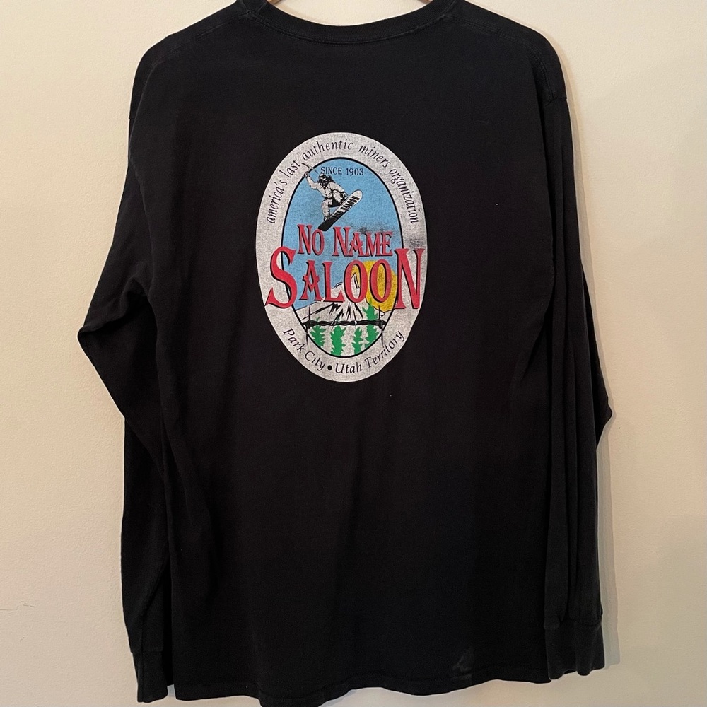 Men’s Long Sleeve Graphic Tee, Size Large (L), Black, No Name Saloon, Park City